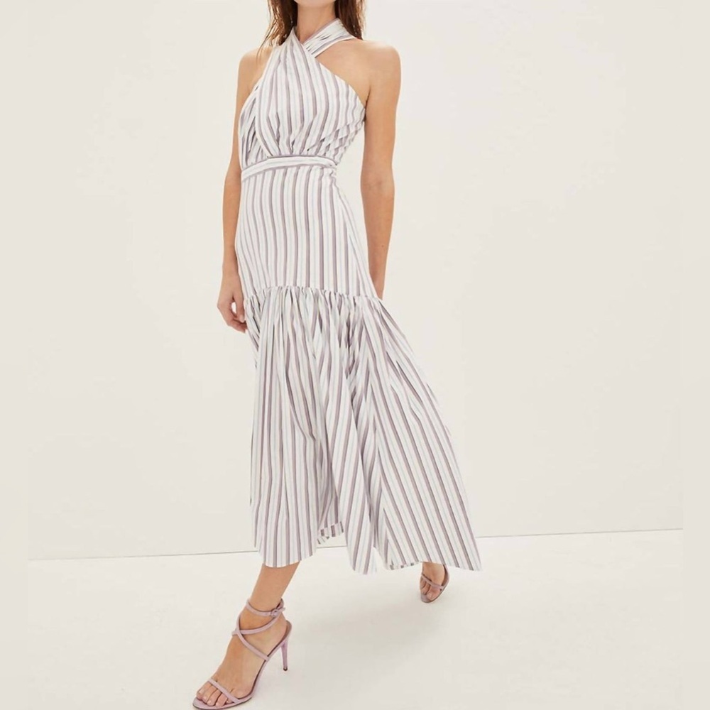 Veronica Beard One-Shoulder Striped Midi Dress in White, Lavender and Gray